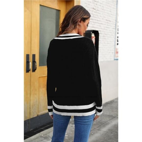 Women's Cable Knit V Neck Sweaters Casual Long Sleeve Pullover Striped - Picture 4 of 7